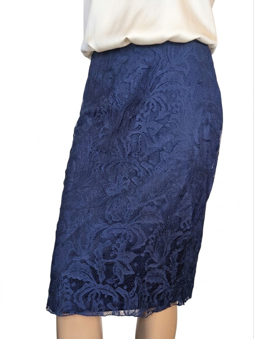 George Navy Blue Floral Lace Pencil Skirt with Gold Back Zipper Womens Size 8